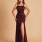 Satin Mermaid Long Bridesmaid Dresses Spaghetti Straps Scoop Side Slit Criss-cross Back