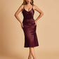 Sexy Satin Midi Mermaid Bridesmaid Dresses Spaghetti Straps Slip Side Slit