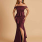 Satin Mermaid Off Shoulder Bridesmaid Dresses With Ruffles Side Slit Floor Length