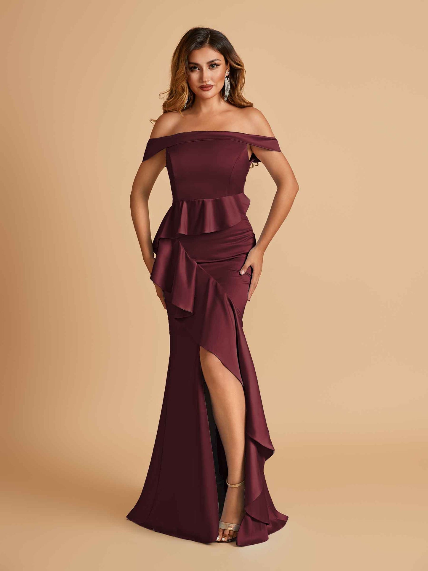 Satin Mermaid Off Shoulder Bridesmaid Dresses With Ruffles Side Slit Floor Length