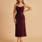 Sexy Satin Midi Bridesmaid Dresses Spaghetti Straps Slip Scoop Side Slit
