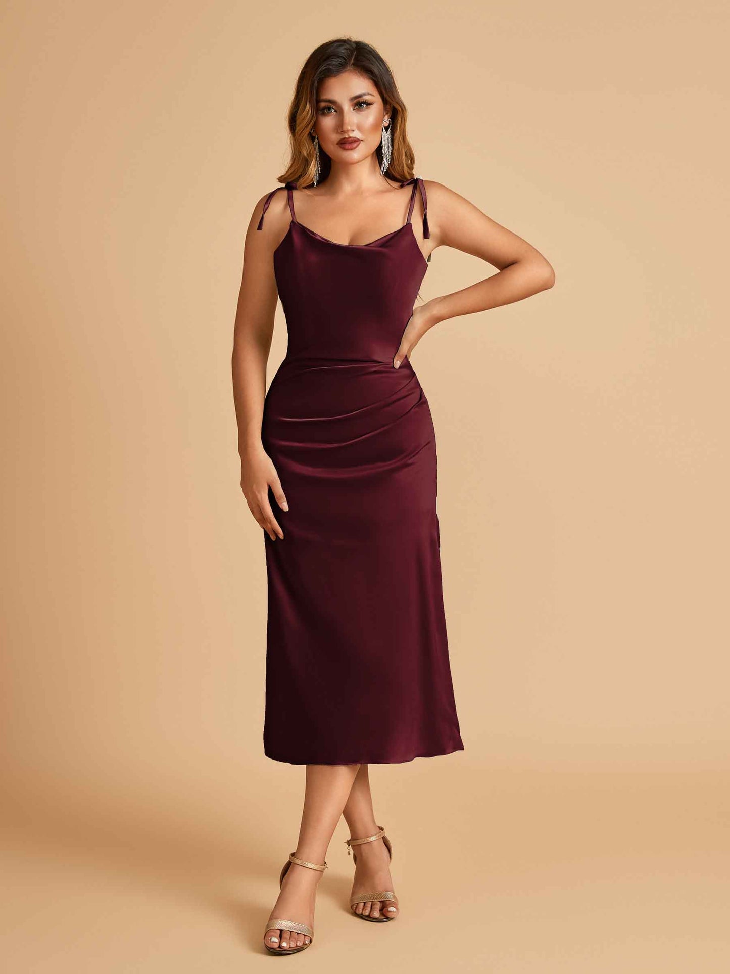 Sexy Satin Midi Bridesmaid Dresses Spaghetti Straps Slip Scoop Side Slit