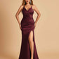 Sexy Satin Mermaid Long Prom Dresses Spaghetti Straps Sweetheart Side Slit Criss-cross Back