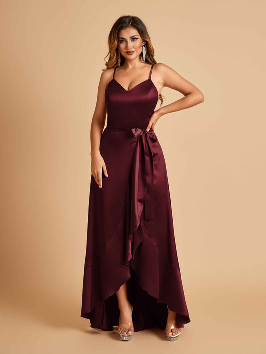 Satin Asymmetric V-neck Bridesmaid Dresses Sleeveless Side Slit A-line Unique