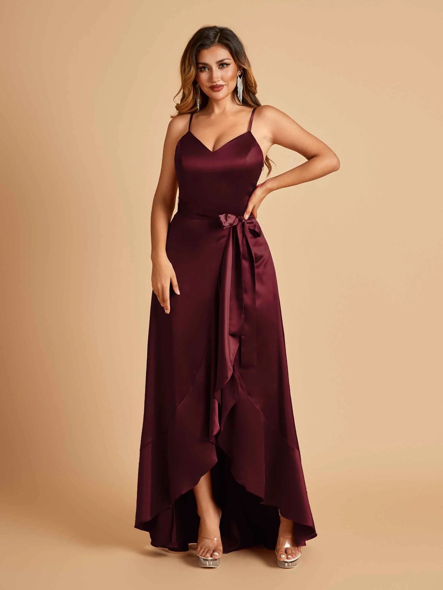 Satin Asymmetric V-neck Bridesmaid Dresses Sleeveless Side Slit A-line Unique For Sale