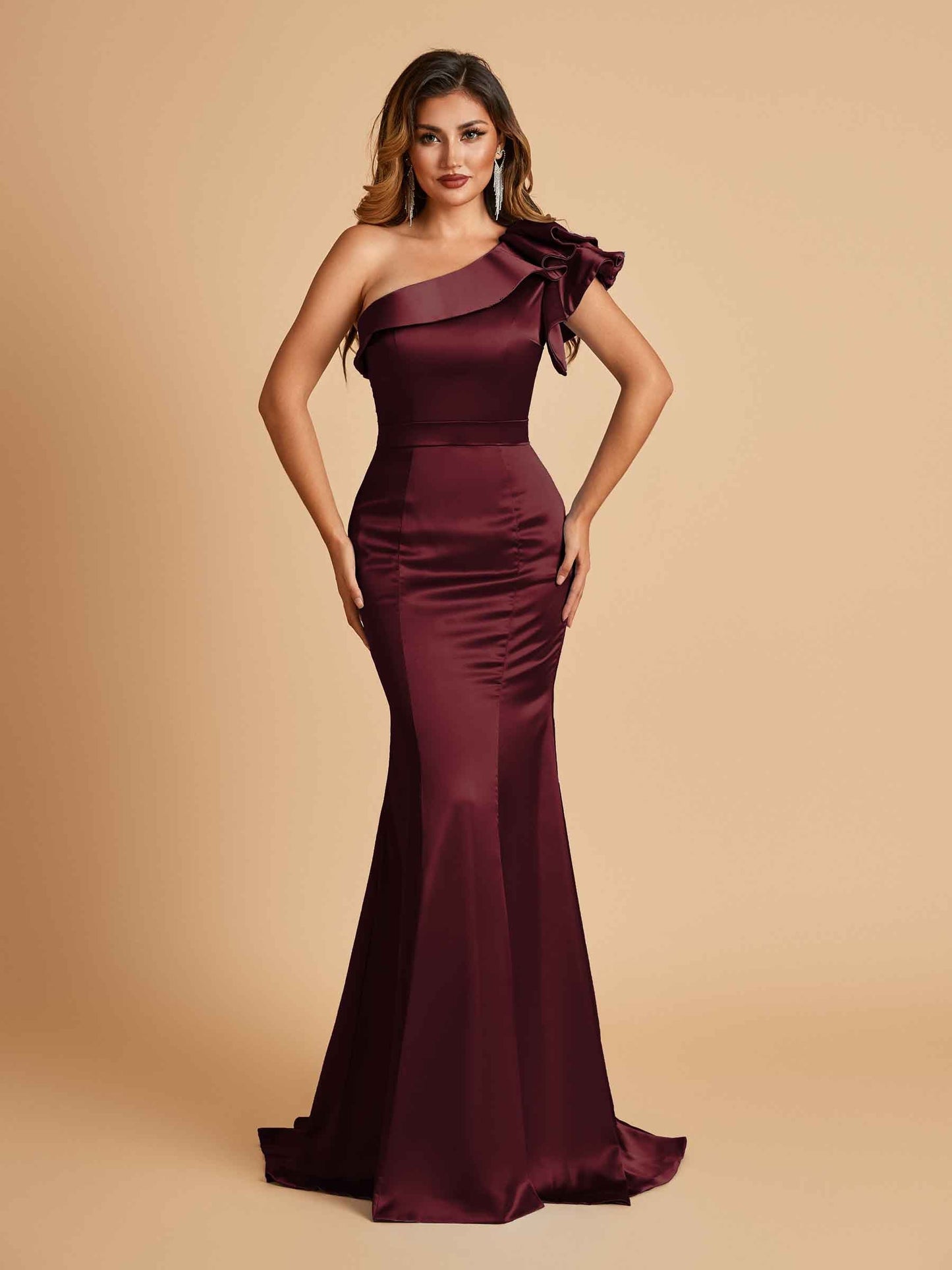 Satin One-shoulder Bridesmaid Dresses Ruffle Sleeves Mermaid Floor Length For Sale