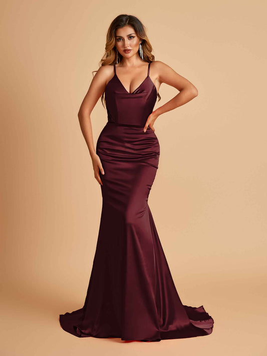 Sexy Satin Mermaid Bridesmaid Dresses Spaghetti Straps V-neck Pleats Floor Length