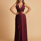 Sexy Satin Deep V-neck Long Bridesmaid Dresses A-line Pleats Sleeveless Floor Length