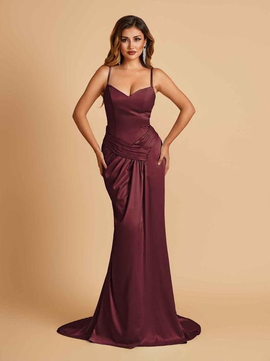 Satin Mermaid Sweetheart Bridesmaid Dresses Spaghetti Straps With Pleats Floor Length