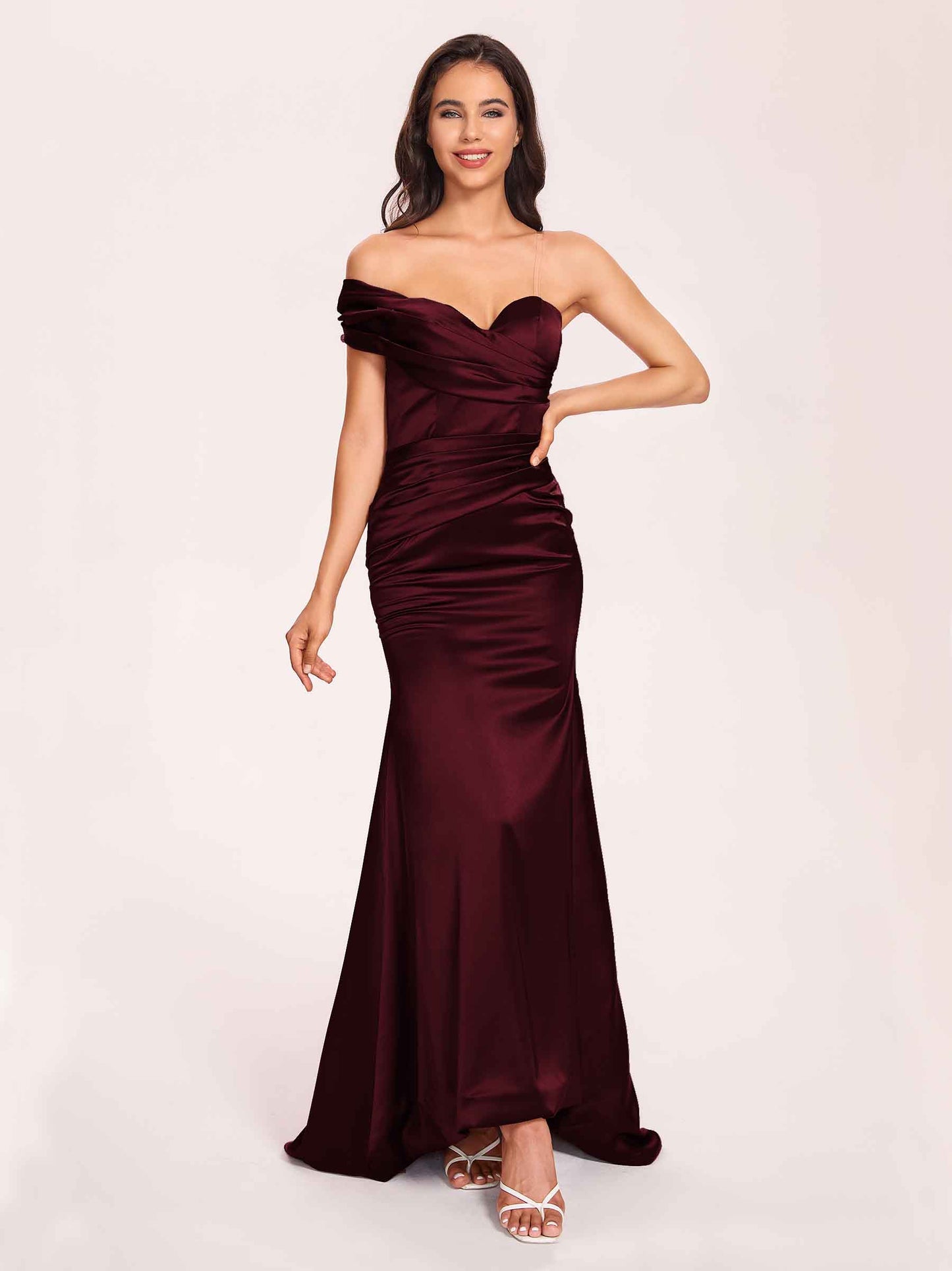 Satin One-shoulder Bridesmaid Dresses Pleats Floor Length Mermaid Long