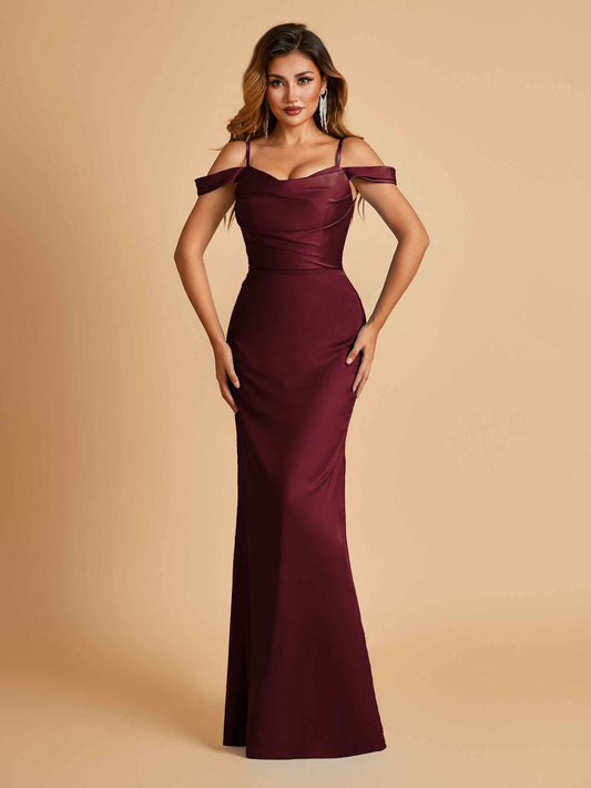 Sexy Off Shoulder Mermaid Long Bridesmaid Dresses Satin Spaghetti Straps Floor Length