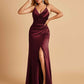 Sexy Satin Sheath Prom Dresses Spaghetti Straps V-neck Side Slit Pleats Floor Length