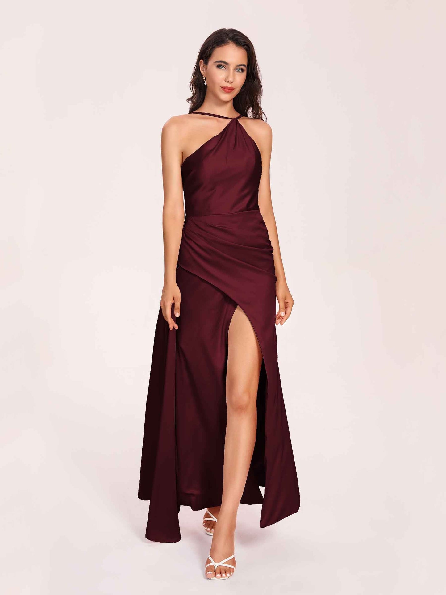 Sexy Satin Halter Strap Sheath Prom Dresses Side Slit Pleats Floor Length