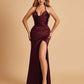 Sexy Satin Halter Straps Sheath Prom Dresses Side Slit Pleats Floor Length