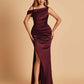 Unique Satin One Shoulder Prom Dresses Side Slit Half Open Back Floor Length
