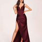 Satin Spaghetti Straps Corset Prom Dresses Pleats Side-Slit Sheath Floor Length