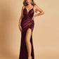 Sexy Satin Spaghetti Straps Bridesmaid Dresses V-neck Side Slit Pleats Floor Length Sheath