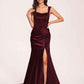 Sexy Satin Square Mermaid Bridesmaid Dresses Pleats Side-Slit Floor-Length Sleeveless