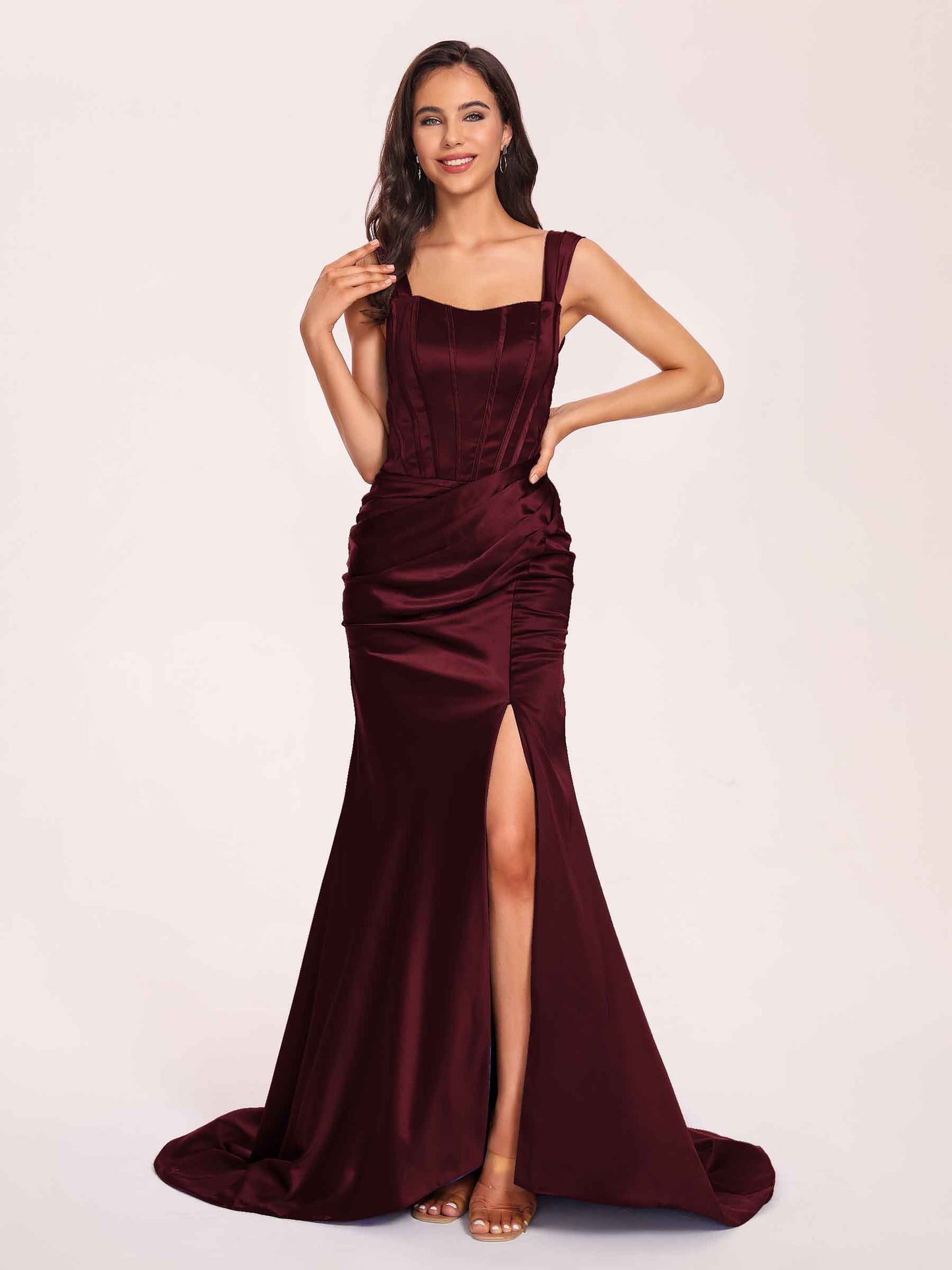 Sexy Satin Square Mermaid Bridesmaid Dresses Pleats Side-Slit Floor-Length Sleeveless