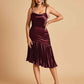 Sexy Satin Midi Asymmetrical Bridesmaid Dresses Spaghetti Straps Mermaid With Ruffles