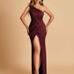 Satin One-shoulder Bridesmaid Dresses Sheath Side Slit Sleeveless Floor Length