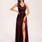 Sexy Satin A-line Prom Dresses Spaghetti Straps Side Slit V-neck Floor Length