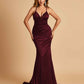 Satin Mermaid Open-back Prom Dresses Spaghetti Straps V-neck With Pleats Floor Length