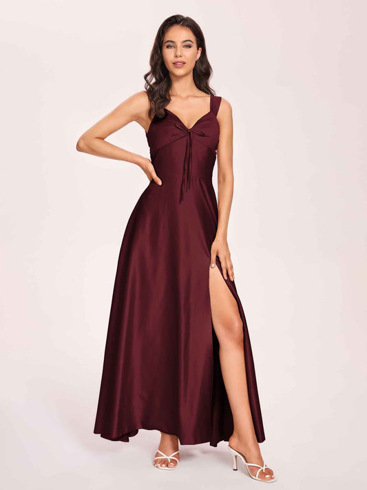 Satin V-neck A-line Bridesmaid Dresses Side slit Floor Length