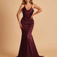 Sexy Satin Mermaid Prom Dresses Spaghetti Straps V-neck Pleats Floor Length