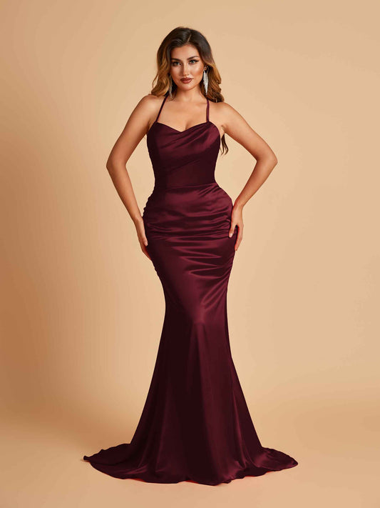 Sexy Satin Mermaid Bridesmaid Dresses Spaghetti Straps Scoop Criss-cross Back