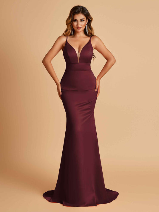 Satin Deep V-neck Mermaid Bridesmaid Dresses Open Back Floor Length