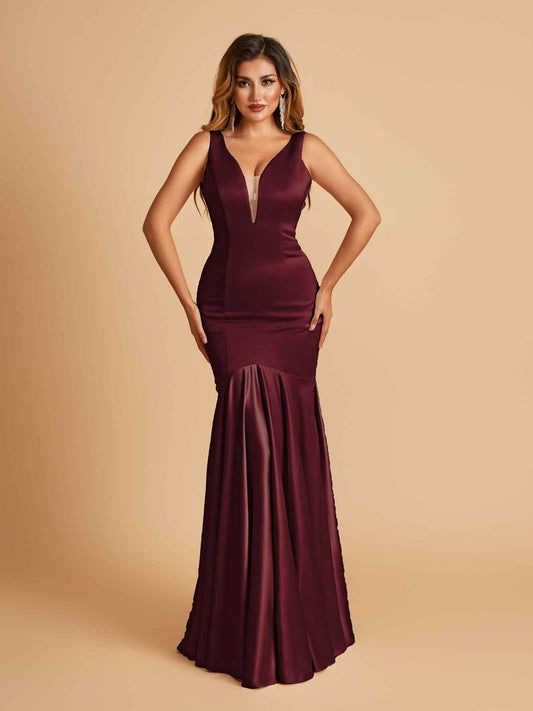 Satin Deep V-neck Mermaid Bridesmaid Dresses Half Open Back Floor Length