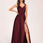 Satin V-neck A-line Prom Dresses Side slit Floor Length
