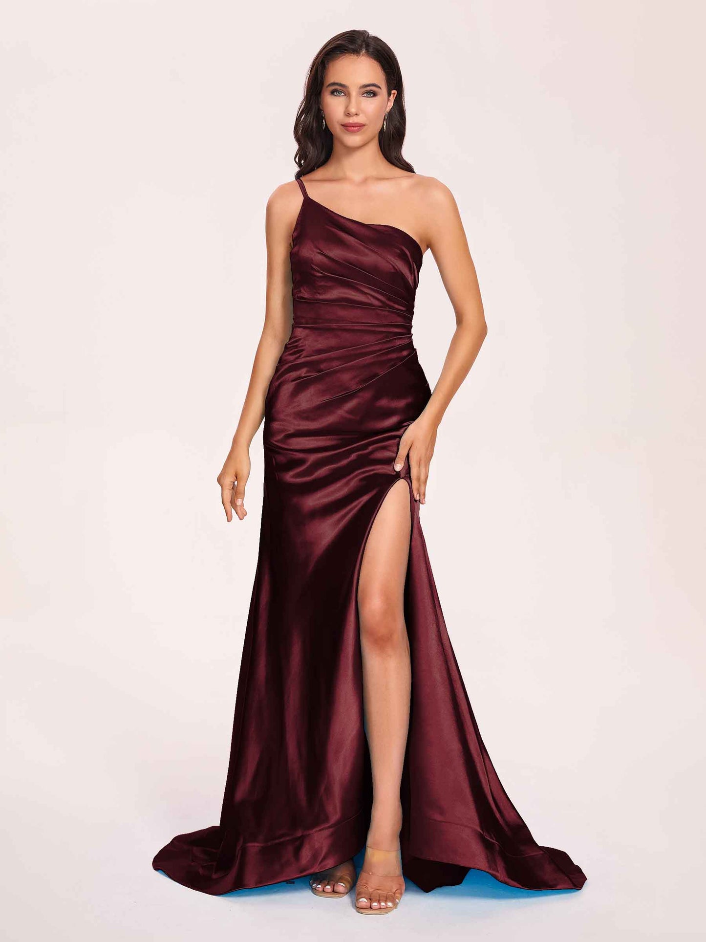 Satin One-shoulder Mermaid Bridesmaid Dresses Side Slit Pleats Floor Length