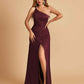 Satin One Shoulder Sheath Prom Dresses Spaghetti Straps Side Slit Floor Length