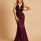 Sexy Satin Criss-cross Back Bridesmaid Dresses Mermaid Deep V-neck Back Pleats Floor Length