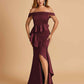 Satin Mermaid Off Shoulder Prom Dresses With Ruffles Side Slit Floor Length