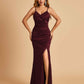 Sexy Satin Mermaid Prom Dresses Spaghetti Straps V-neck Side Slit Floor Length