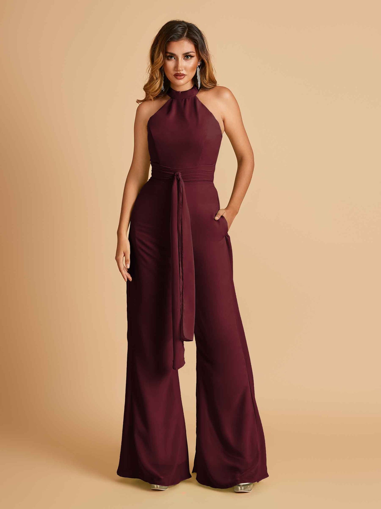 Chiffon Bridesmaid Jumpsuit Jewel Neck Sleeveless Floor Length With Pockets