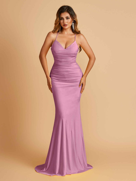 Sexy Jersey Spaghetti Straps Bridesmaid Dresses V-neck Mermaid Criss-cross Back Floor Length
