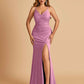 Sexy Jersey Mermaid Bridesmaid Dresses Spaghetti Straps V-neck Criss Cross Side Slit Floor Length
