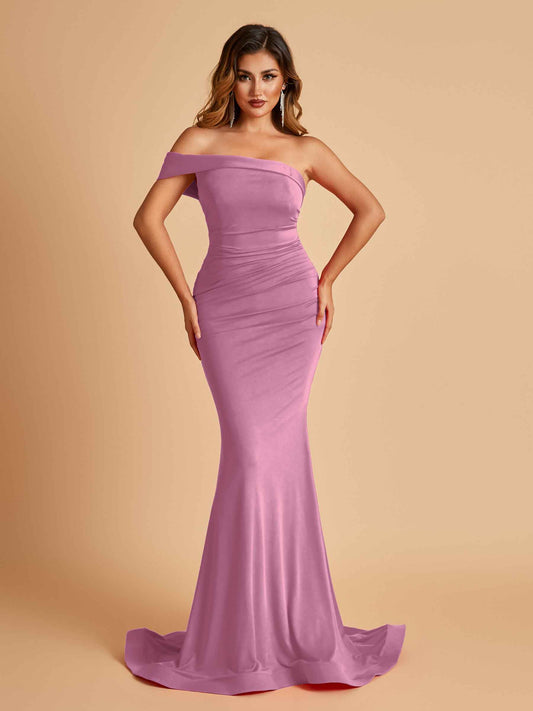Sexy Jersey One Shoulder Bridesmaid Dresses Mermaid Pleats Floor Length Unique