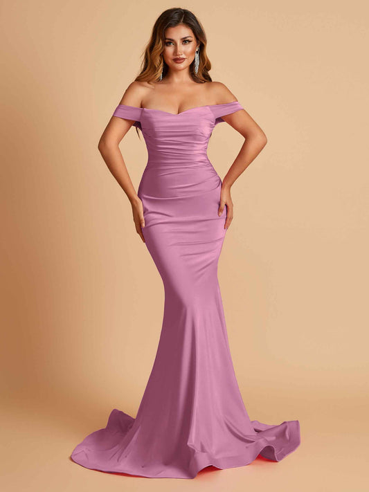 Jersey Mermaid Bridesmaid Dresses Off Shoulder Sweetheart Pleats Floor Length