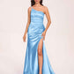 Satin One-shoulder Mermaid Prom Dresses Side Slit Pleats Floor Length