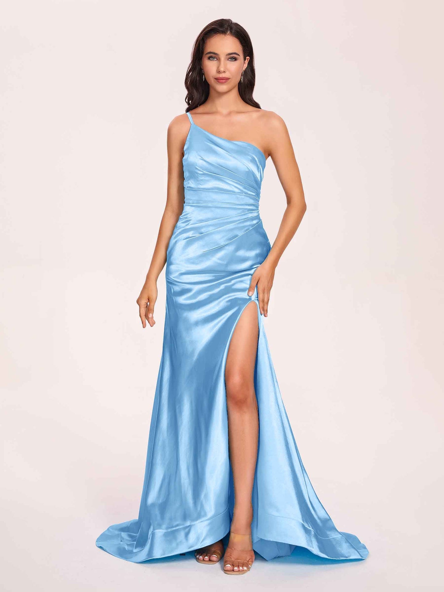 Satin One-shoulder Mermaid Prom Dresses Side Slit Pleats Floor Length