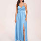 Satin Spaghetti Straps A-line Bridesmaid Dresses Side Slit Floor Length