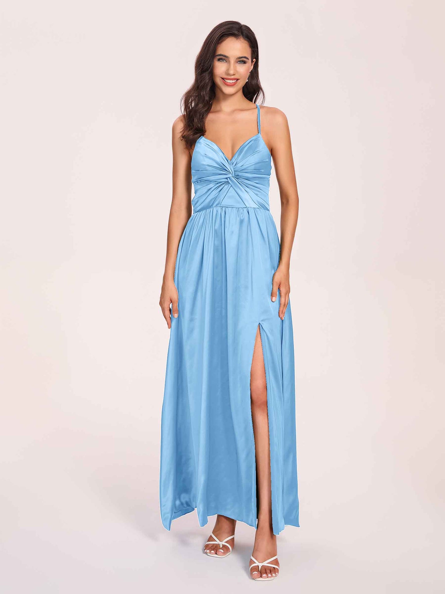 Satin Spaghetti Straps A-line Bridesmaid Dresses Side Slit Floor Length