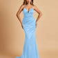 Satin Mermaid Open-back Prom Dresses Spaghetti Straps V-neck With Pleats Floor Length