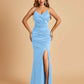 Sexy Satin Mermaid Bridesmaid Dresses Spaghetti Straps V-neck Side Slit Floor Length