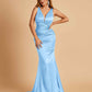 Sexy Satin Criss-cross Back Prom Dresses Mermaid Deep V-neck Back Pleats Floor Length